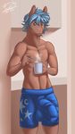  2012 anthro beverage blue_eyes blue_hair brown_fur bulge clothed clothing coffee cup digital_media_(artwork) equine erection erection_under_clothes food freckles_(artist) front_view fur hair holding_object horse male mammal navel nipples portrait shorts signature sleepy solo standing three-quarter_portrait topless 