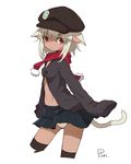  absurdres animal_ears artist_name cabbie_hat cat_ears cat_tail cowboy_shot cropped_legs eyebrows eyebrows_visible_through_hair hat highres looking_at_viewer navel original pan_koujou panties platinum_blonde_hair pom_pom_(clothes) red_eyes red_scarf scarf simple_background skirt sleeves_past_wrists solo sweater tail thighhighs underwear white_background white_panties 
