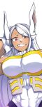 1girl absurdres animal_ears arm_behind_head bare_shoulders boku_no_hero_academia breasts covered_abs crescent_print dark-skinned_female dark_skin fur_collar gloves highleg highleg_leotard highres large_breasts leotard long_eyelashes long_hair looking_at_viewer mirko rabbit_ears rabbit_girl red_eyes simple_background sleeveless_turtleneck_leotard smallsoud smile solo swept_bangs taut_leotard teeth toned toned_female upper_body very_long_hair white_background white_gloves white_hair white_leotard 