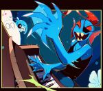 1boy 1girl black_tank_top blue_pants blue_skin character_request closed_eyes colored_skin creature eyepatch flower ghost highres instrument kanianoreki music napstablook pants piano playing_instrument playing_piano red_hair shyren sitting tank_top undertale undyne 