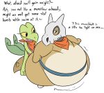 2022 anthro belly big_belly brown_body cubone duo female generation_1_pokemon generation_3_pokemon green_body huge_belly nintendo overweight pokemon pokemon_(species) pokemon_mystery_dungeon simple_background spike_chunsoft text thatoneaceguy treecko white_background