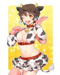  ;d animal_ears animal_print bell bikini_top breasts brown_hair cleavage collar cow_bell cow_ears cow_horns cow_print cow_tail elbow_gloves frilled_skirt frills gloves headset horns idolmaster idolmaster_cinderella_girls large_breasts miniskirt nemui_8 oikawa_shizuku one_eye_closed open_mouth pink_gloves round_teeth short_hair skirt smile solo star starry_background tail teeth thighhighs yellow_eyes zettai_ryouiki 