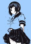  blue blue_background blush fubuki_(kantai_collection) kantai_collection kouji_(campus_life) low_ponytail monochrome one_eye_closed pleated_skirt school_uniform serafuku short_ponytail skirt solo wind wind_lift 