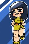  1girl aeug arms_behind_back bare_shoulders belt bkub black_eyes black_hair blue_background blush boots breasts chibi chibi_only dress fa_yuiry full_body grin gundam highres leg_up light_blush looking_to_the_side military_uniform miniskirt orange_belt outline parted_lips science_fiction short_dress short_hair skirt sleeveless sleeveless_dress smile solo standing standing_on_one_leg vest white_outline yellow_boots yellow_dress zeta_gundam 