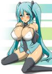  :o alternate_breast_size alternate_skin_color aqua_eyes aqua_hair bare_shoulders between_breasts black_legwear black_neckwear blush breast_suppress breasts commentary_request covered_nipples dark_skin detached_collar detached_sleeves feet_out_of_frame green_shirt hatsune_miku large_breasts long_hair looking_at_viewer necktie necktie_between_breasts panties shirt sitting solo striped striped_panties thighhighs twintails underwear very_long_hair vocaloid wakame wariza 