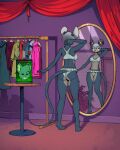 absurd_res aged_up alcohol alcohol_bottle anthro beverage blue_eyes clothes_hanger clothing container cup curtains diacordst dressing_room_(disambiguation) drinking_glass female furniture glass glass_container glass_cup grey_body hi_res jar lori_meyers mammal mirror mouse murid murine night_in_the_woods nightclub prosthetic prosthetic_limb reflection robotic_head rodent severed_body_part severed_head solo swimwear table two-piece_swimsuit wine_bottle wine_glass