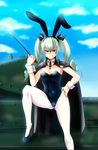  adapted_costume anchovy animal_ears bunny_ears bunnysuit cape detached_collar drill_hair girls_und_panzer green_hair highres kashiru long_hair pantyhose red_eyes ribbon riding_crop solo twin_drills twintails wrist_cuffs 