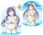  ayase_eli bangle bikini blue_eyes bracelet breasts character_mask chibi chibi_inset collage double_v happy_birthday jewelry large_breasts long_hair love_live! love_live!_school_idol_project low_twintails lowleg lowleg_bikini multiple_views navel ocean off_shoulder pas_(paxiti) purple_hair swimsuit toujou_nozomi twintails v wading white_bikini yuni_(manyutin) 