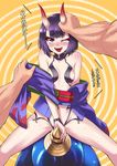  1girl alphy blush breasts eyebrows eyebrows_visible_through_hair fangs fate/grand_order fate_(series) highres horn_grab horns japanese_clothes kimono looking_at_viewer navel off_shoulder one_eye_closed oni oni_horns open_mouth orange_background pale_skin purple_eyes purple_hair revealing_clothes sexually_suggestive short_hair shuten_douji_(fate/grand_order) small_breasts smile spread_legs straddling sweat tongue tongue_out translation_request 