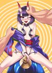  1girl alphy blush breasts eyebrows eyebrows_visible_through_hair fangs fate/grand_order fate_(series) highres horn_grab horns japanese_clothes kimono looking_at_viewer navel off_shoulder one_eye_closed oni oni_horns open_mouth orange_background pale_skin purple_eyes purple_hair revealing_clothes sexually_suggestive short_hair shuten_douji_(fate/grand_order) small_breasts smile solo_focus spread_legs straddling sweat tongue tongue_out 