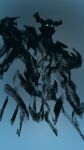  blue_background cowboy_shot full_body glowing glowing_eyes gquuuuuux gradient_background green_eyes gundam gundam_gquuuuuux hyde_(tabakko) mecha mecha_focus mobile_suit no_humans robot science_fiction silhouette sketch solo spot_color v-fin 