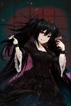  1girl black_dress black_hair blue_ribbon blush breasts collarbone commentary_request cup dress drinking_glass hair_between_eyes hair_ribbon hand_in_own_hair head_tilt highres holding holding_cup long_hair medium_breasts original parted_lips partial_commentary photoshop_(medium) poet red_eyes ribbon smile solo twintails very_long_hair wide_sleeves wine_glass wristband 