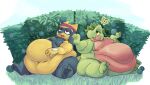 2024 anthro belly berry big_belly duo food fruit generation_3_pokemon generation_4_pokemon green_body gummyfruitcup hi_res nintendo obese outside overweight plant pokemon pokemon_(species) pokemon_mystery_dungeon riolu sitting spike_chunsoft treecko yellow_body