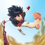  angry anime_coloring barefoot black_hair blurry blurry_background bruise crazy day dirty_feet feet foreshortening gloves highlights injury jpeg_artifacts kicking kill_la_kill matoi_ryuuko midair midriff motion_blur multicolored_hair open_mouth scamwich scissor_blade senketsu shoes short_hair single_shoe sky solo_focus streaked_hair toenails toes upswept_hair wide-eyed wind wind_lift 