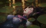  2016 afloat animal_print armor artstation_sample bangs bodysuit breasts breasts_apart broken_armor brown_hair bunny bunny_print closed_eyes d.va_(overwatch) dao_trong_le dated facepaint facial_mark fine_art_parody hair_between_eyes headphones high_collar highres image_sample lily_pad lips lipstick long_hair lying lying_on_water makeup medium_breasts nose on_back ophelia_(painting) overwatch parody parted_lips partially_submerged pilot_suit realistic signature skin_tight solo torn_clothes unconscious water whisker_markings 