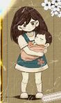  1boy 1girl absurdres animal_slippers artist_name axl_sevens baby bad_id bad_pixiv_id black_hair blue_dress bright_pupils brother_and_sister brown_background bunny_slippers carrying carrying_baby carrying_person child closed_eyes closed_mouth collarbone commentary denim_dress double-parted_bangs dress english_commentary floral_background floral_print_dress forest_bunny_(omori) full_body hair_behind_ear hair_between_eyes hatching_(texture) highres inset_border kneehighs long_hair looking_at_another mari_(faraway)_(omori) mari_(omori) omocat_(style) omori pale_skin print_dress shirt short_hair short_sleeves siblings simple_background sleeveless sleeveless_dress slippers smile socks standing sunny_(omori) u_u very_short_hair white_pupils white_shirt white_slippers white_socks 