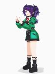  1girl absurdres belt black_belt black_boots black_socks boots cobwvmeti commentary diagonal_bangs fang full_body green_jacket hands_up highres idolmaster idolmaster_shiny_colors index_fingers_raised jacket long_hair long_sleeves looking_at_viewer multiple_belts nail_polish neck_ribbon no_lineart open_mouth purple_eyes purple_hair purple_nails red_ribbon ribbon shadow simple_background skin_fang smile socks solo standing studded_thigh_strap symbol-only_commentary tanaka_mamimi thigh_strap twintails white_background 