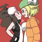  asymmetrical_docking baseball_cap bel_(pokemon) blonde_hair breast_contest breast_press breasts brown_hair eye_contact face-to-face glasses green_eyes hat long_hair looking_at_another medium_breasts multiple_girls pokemon pokemon_(game) pokemon_bw pokemon_bw2 refuto short_hair small_breasts smile touko_(pokemon) 