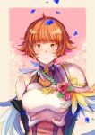  1girl armor black_gloves blue_petals border breastplate breasts bright_pupils brown_eyes brown_hair closed_mouth commentary_request dated dorothy_(fire_emblem) falling_petals feathers fire_emblem fire_emblem:_the_binding_blade flipped_hair flipped_sidelocks flower freckles gloves grey_border highres medium_breasts petals pink_background pink_flower pink_rose rose shirt short_hair shoulder_armor signature single_bare_shoulder sleeveless sleeveless_shirt solo straight-on swept_bangs upper_body urihara84 