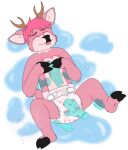 1:1 absurd_res abuniverse ambiguous_gender anthro antlers brown_antlers bunnyhopps clothed clothing deer diaper disembodied_hand eyelashes eyes_closed fennecat fur ghost_hand hair hi_res hoof_hands hooves horn mammal petting pink_body pink_fur pink_hair pink_spots simple_background solo spots text tongue watermark wearing_diaper