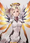  blonde_hair blue_eyes bodysuit breasts character_name cowboy_shot grey_background high_ponytail highres looking_at_viewer mechanical_halo mechanical_wings medium_breasts mercy_(overwatch) moupii_(hitsuji_no_ki) overwatch parted_lips simple_background smile solo wings yellow_wings 