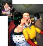  1girl absurdres bald blush dress embarrassed fubuki_(one-punch_man) genos highres kiss kissing_cheek multiple_boys one-punch_man pic_chick_pic picture_frame saitama_(one-punch_man) short_hair superhero_costume zombieman 