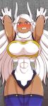  1girl absurdres against_wall animal_ears armpits arms_up ass_visible_through_thighs bare_shoulders blush boku_no_hero_academia breasts corrupted_twitter_file covered_abs covered_collarbone crescent_print dark-skinned_female dark_skin fur_collar gloves highleg highleg_leotard highres large_breasts leotard long_eyelashes long_hair looking_at_viewer mirko parted_bangs purple_thighhighs rabbit_ears rabbit_girl red_eyes sleeveless_turtleneck_leotard smallsoud solo sweat taut_leotard thick_thighs thigh_gap thighhighs thighs toned toned_female v-shaped_eyebrows very_long_hair white_gloves white_hair white_leotard 