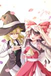  2girls apron artist_name ascot black_skirt black_vest blonde_hair blush bow braid breasts brown_hair collared_shirt commentary_request detached_sleeves falling_petals frilled_bow frilled_hair_tubes frills green_necktie grin hair_bow hair_tubes hakurei_reimu hat highres kirisame_marisa long_hair long_sleeves mito_(fate) multiple_girls necktie one_eye_closed open_mouth petals red_bow red_eyes red_skirt ribbon_trim shirt side_braid signature single_braid skirt skirt_set smile touhou vest waist_apron white_apron white_bow white_shirt witch_hat 