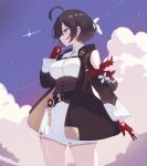  1girl ahoge atelier_(series) atelier_yumia black_corset black_hair blue_sky breasts closed_mouth cloud commentary_request corset dress gloves highres large_breasts mole mole_under_eye multicolored_hair night night_sky nishiroji partially_fingerless_gloves purple_eyes red_gloves red_hair sky solo standing streaked_hair two-tone_hair white_dress yumia_liessfeldt 