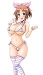  :d abe_nana ass_visible_through_thighs bikini blush bow bowtie breasts brown_eyes brown_hair commentary_request covered_nipples frilled_legwear hair_ribbon idolmaster idolmaster_cinderella_girls large_breasts looking_at_viewer micro_bikini navel open_mouth pink_bow pink_neckwear pink_ribbon ponytail ribbon scrunchie short_hair smile solo striped striped_legwear swimsuit thigh_gap wakame white_background wrist_scrunchie 