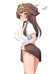  1girl absurdres alternate_costume brown_hair brown_skirt clothes_lift collared_shirt cowboy_shot dated double_bun dress_shirt hair_bun headgear highres kantai_collection kongou_(kancolle) long_hair looking_at_viewer maru_(marg0613) one-hour_drawing_challenge purple_eyes shirt simple_background skirt skirt_lift solo twitter_username white_background white_shirt 