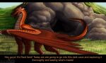 cave confident confident_male day degener4te_hunter dialogue dragon feral field fields folded_wings fully_shaded grass hi_res horn landscape landscape_background light male male/male mythological_creature mythological_scalie mythology neck_spikes neck_spines open_mouth plant raid red_body rock scales scalie shaded skywing_(wof) solo solo_focus spiked_tail spikes spikes_(anatomy) sunlight tail tail_motion tail_spines text wings wings_of_fire
