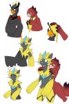2018 anthro avian biped black_body black_markings blue_eyes blue_markings ciel_(phoenix) colored duo female fur generation_7_pokemon goo_transformation hi_res jewelry legendary_pokemon male markings nintendo nude open_mouth pokemon pokemon_(species) red_body red_fur simple_background smile species_transformation spiral_eyes standing surprise tomek1000 tomek1000_(character) transformation transformation_sequence whiskers white_background yellow_body yellow_fur zeraora