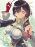  1girl absurdres atelier_(series) atelier_yumia black_hair black_jacket blue_eyes breasts gloves highres jacket large_breasts light_smile looking_at_viewer mole mole_under_eye red_gloves short_hair solo tororo_kafka upper_body yumia_liessfeldt 