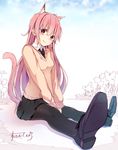 animal_ears artist_name black_legwear black_neckwear breasts cat_ears cat_tail heart long_hair looking_at_viewer necktie original pantyhose pink_eyes pink_hair pleated_skirt shoes sitting skirt sky small_breasts smile solo suishin_tenra sweater tail v_arms 
