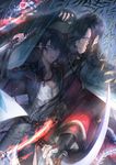  black_hair blue_eyes braid earrings enemy_tantou highres horikawa_kunihiro izumi-no-kami_kanesada japanese_clothes jewelry jikan_sokougun katana leaf male_focus multiple_boys otsukaresanpo parted_lips rain ribbon side_braid skeleton stud_earrings sword tantou touken_ranbu unbuttoned weapon 