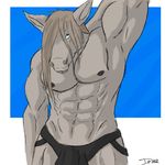  2012 abs abstract_background anthro armpits biceps black_nipples blue_eyes clothed clothing digital_drawing_(artwork) digital_media_(artwork) equine front_view fur grey_fur grey_hair hair hair_over_eye half-length_portrait hand_behind_head hi_res horse iudicium86 looking_at_viewer male mammal muscular muscular_male navel nipples pecs pointy_ears portrait signature simple_background solo standing topless underwear vash-leon 