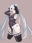  1girl 9is abigail_williams_(fate) abigail_williams_(third_ascension)_(fate) absurdres armpits arms_up black_one-piece_swimsuit black_ribbon black_thighhighs blush bow bowtie breasts brown_background casual_one-piece_swimsuit commentary_request cosplay dead_or_alive dead_or_alive_5 dead_or_alive_xtreme elbow_gloves fate/grand_order fate_(series) frilled_one-piece_swimsuit frilled_thighhighs frills from_side gloves grey_hair grin hair_ornament hair_ribbon highres keyhole long_hair looking_at_viewer marie_rose marie_rose_(cosplay) marie_rose_(devilish_servant_against_the_splashing_waves) one-piece_swimsuit pale_skin parted_bangs red_bow red_bowtie red_eyes ribbon shiny_clothes simple_background sketch small_breasts smile solo swimsuit thighhighs twintails very_long_hair x_hair_ornament 