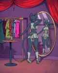 absurd_res aged_up alcohol alcohol_bottle anthro beverage blue_eyes cheerleader_outfit clothes_hanger container cup curtains diacordst dressing_room_(disambiguation) drinking_glass female furniture glass glass_container glass_cup grey_body hi_res lori_meyers mammal mirror mouse murid murine night_in_the_woods nightclub reflection rodent solo table wine_bottle wine_glass