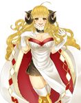  ahoge anila_(granblue_fantasy) blonde_hair breasts cape cleavage female gloves granblue_fantasy hime_eyebrows horns large_breasts long_hair looking_at_viewer open_mouth ribbon_trim sheep_horns skirt smile solo thighhighs yellow_eyes 