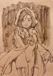 1girl bodysuit closed_mouth final_fantasy final_fantasy_ix garnet_til_alexandros_xvii gloves greyscale highres hood jewelry looking_at_viewer monochrome nanpou_(nanpou0021) necklace reaching reaching_towards_viewer robe skin_tight smile solo white_mage_(final_fantasy) 