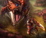 ambiguous_gender anthro blue_eyes capcom clothed clothing digital_media_(artwork) doodlebarr dragon duo european_mythology felid feline felyne feral flying_wyvern fur hi_res lynian male mammal monster_hunter mythological_creature mythological_scalie mythology open_mouth rath_wyvern rathalos scales scalie tail teeth tongue western_dragon wyvern