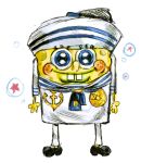  1boy anchor_ornament blue_eyes blush bubble buck_teeth cosplay dixie_cup_hat eyelashes full_body funnvyalentine green_lips hat higashikata_josuke_(jojolion) higashikata_josuke_(jojolion)_(cosplay) highres jojo_no_kimyou_na_bouken jojolion lipstick looking_at_viewer makeup male_focus military_hat sailor sailor_collar smile solo spongebob_squarepants spongebob_squarepants_(series) standing teeth 