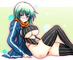  aqua_hair black_legwear blue_eyes blush breasts commentary_request covered_nipples knee_up large_breasts leotard long_sleeves looking_at_viewer nose_blush open_track_jacket orange_scarf original parted_lips scarf sitting solo striped striped_legwear symbol-shaped_pupils tattoo underboob wakame 