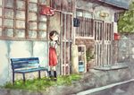  :o absurdres bench black_hair blush child chyoma commentary door graphite_(medium) highres house long_hair mailbox_(incoming_mail) original plant potted_plant road scenery skirt sliding_doors solo street suspender_skirt suspenders traditional_media tree wall watercolor_(medium) 