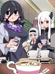  3girls :o absurdres anna_nishikinomiya apron artist_name black_apron black_hair black_hairband bongfill bottle cafe coffee commentary crossover cup drooling echidna_(re:zero) grey_hair hair_ornament hairband hex_maniac_(pokemon_legends:_z-a) highres indoors lipstick long_hair looking_at_viewer makeup milk milk_bottle mimikyu multiple_girls necktie pokemon pokemon_legends:_z-a pov purple_lips re:zero_kara_hajimeru_isekai_seikatsu red_necktie shimoneta_to_iu_gainen_ga_sonzai_shinai_taikutsu_na_sekai short_hair symbol-only_commentary table trait_connection white_hair 