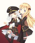  aliter blonde_hair cape high_school_fleet highres hug hug_from_behind long_hair looking_at_viewer military military_uniform multiple_girls silver_hair thea_kreutzer thighhighs uniform wilhelmina_braunschweig_ingenohl_friedeburg 