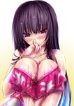  akeyama_kitsune bare_shoulders black_hair blush bottle breasts cleavage commentary_request covering_mouth floral_print large_breasts long_hair lotion lotion_bottle original pink_swimsuit purple_eyes sexually_suggestive sidelocks sleeveless solo swimsuit upper_body 