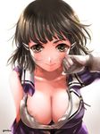  blouse breasts brown_eyes brown_hair burnt_clothes cleavage collarbone from_above gloves hair_bun hair_ornament kantai_collection large_breasts lips looking_at_viewer myoukou_(kantai_collection) serious short_hair solo tmsksa torn_clothes upper_body white_blouse white_gloves 