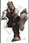 anthro barefoot beard bottomwear braided_hair chair claws clothing crossed_legs ear_piercing facial_hair fangs feet felid final_fantasy final_fantasy_xiv foot_fetish foot_focus fur furniture grey_body grey_fur hair heel hi_res hrothgar kredri looking_at_viewer looking_down looking_down_at_viewer male mammal necktie pants piercing rodan_(hrothgar) sitting smile soles solo square_enix suit teeth toe_claws topwear vest white_hair